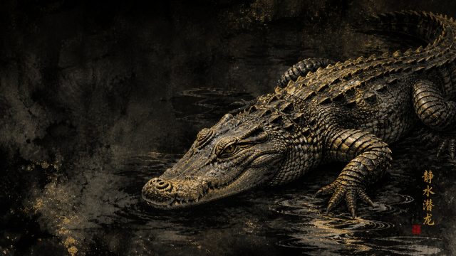 Crocodile Emerging in Dark Water with Gold Accents Wallpaper