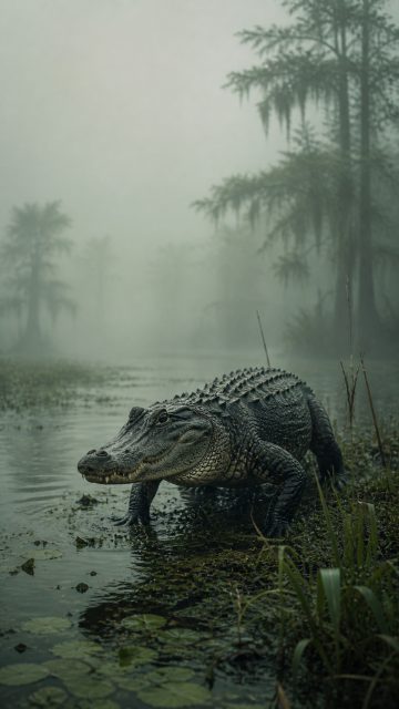 Crocodile Standing in Foggy Swamp Wallpaper