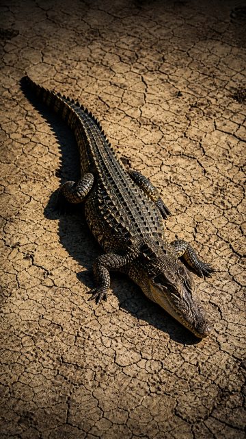 Crocodile on Cracked Earth Under Harsh Sunlight Wallpaper