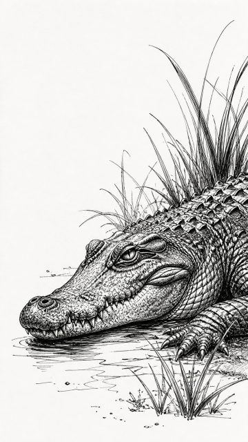 Crocodile Ink Sketch Resting by Water Wallpaper
