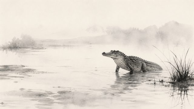 Crocodile in Misty Ink Wash Water Scene Wallpaper