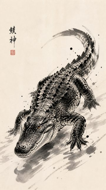 Crocodile Japanese Ink Brush Style Wallpaper