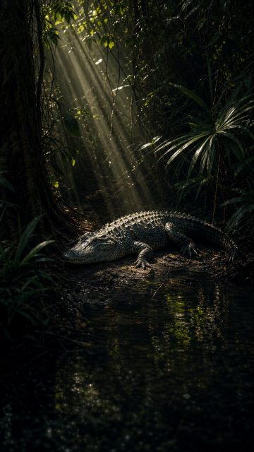 Crocodile Resting in Jungle Light Rays Wallpaper