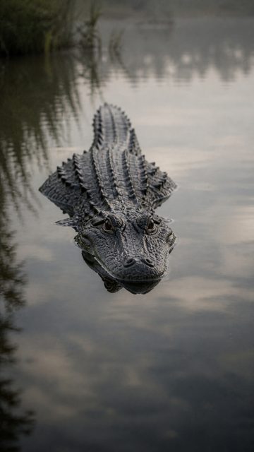 Crocodile Front View with Calm Water Reflection Wallpaper