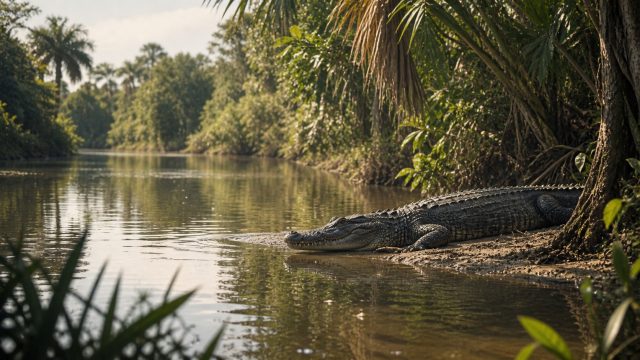 Crocodile Resting on Tropical Riverbank Wallpaper