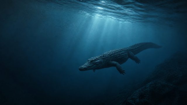 Crocodile Swimming in Deep Blue Underwater Scene Wallpaper
