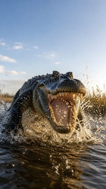 Crocodile Bursting from Water with Open Mouth Wallpaper