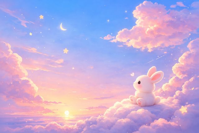 Cute Bunny Sitting on Pastel Clouds