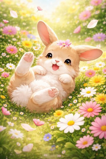 Cute Bunny Rolling in Flower Meadow