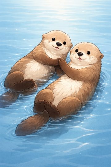 Cute Cartoon Otters Floating Together in Blue Water Wallpaper