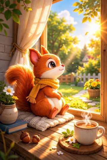 Cute Cartoon Squirrel Cozy Window with Tea Wallpaper