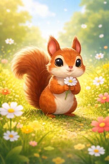 Cute Cartoon Squirrel Holding Flower Wallpaper
