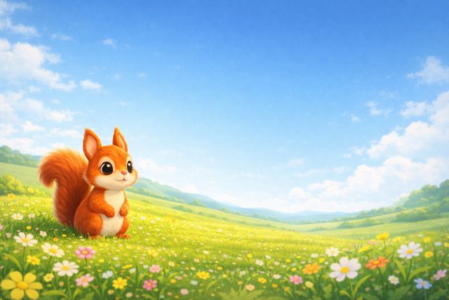 Cute Cartoon Squirrel in Wide Meadow Landscape Wallpaper