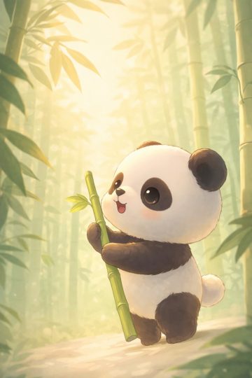 Cute Chibi Panda Holding Bamboo in Forest Wallpaper