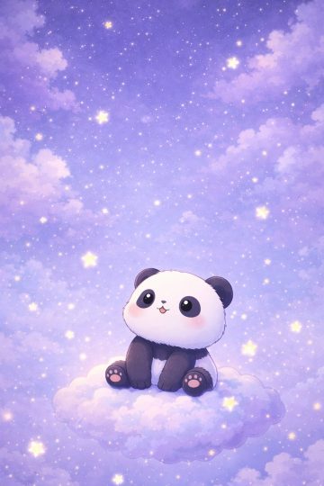 Cute Chibi Panda Sitting on Cloud with Stars Wallpaper