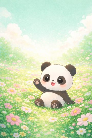 Cute Chibi Panda Waving in Flower Meadow Wallpaper