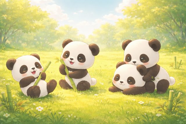 Cute Chibi Panda Friends Playing in Meadow Wallpaper