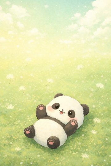 Cute Chibi Panda Lying in Grass with Dandelions Wallpaper