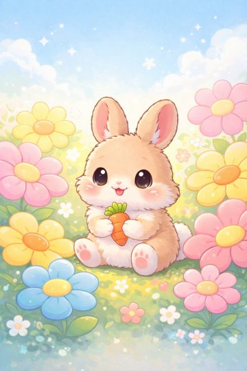 Kawaii Bunny in Colorful Flower Garden
