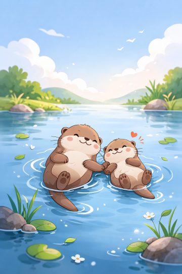 Cute Otters Holding Hands in Lake Cartoon Scene Wallpaper