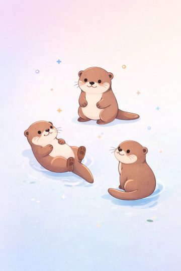 Cute Otters in Playful Poses Soft Background Cartoon Wallpaper