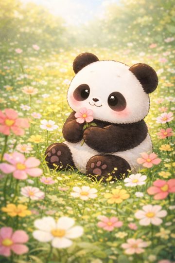 Cute Panda Sitting in a Colorful Flower Meadow Wallpaper