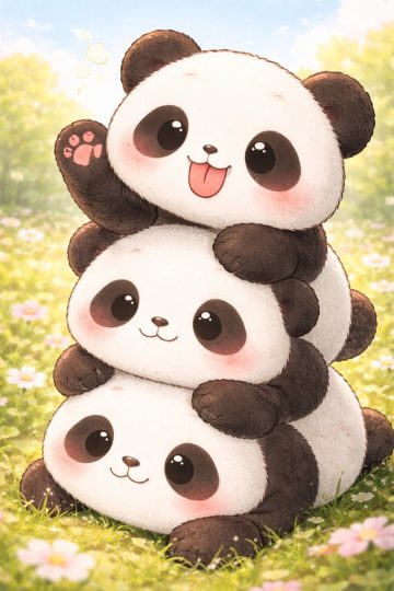 Cute Panda Stack in Flower Meadow Wallpaper