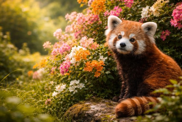 Cute Red Panda Sitting Beside Colorful Flowers Wallpaper