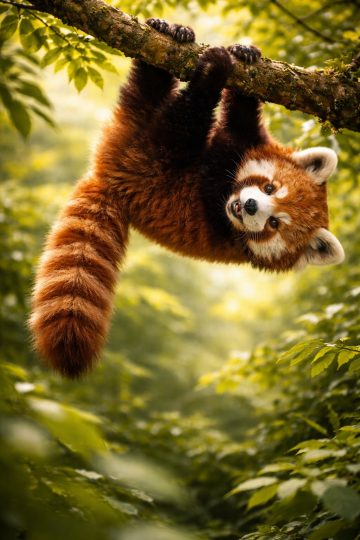 Cute Red Panda Hanging from a Tree Branch Wallpaper