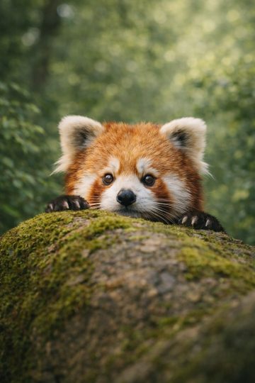 Cute Red Panda Peeking Over a Mossy Log Wallpaper
