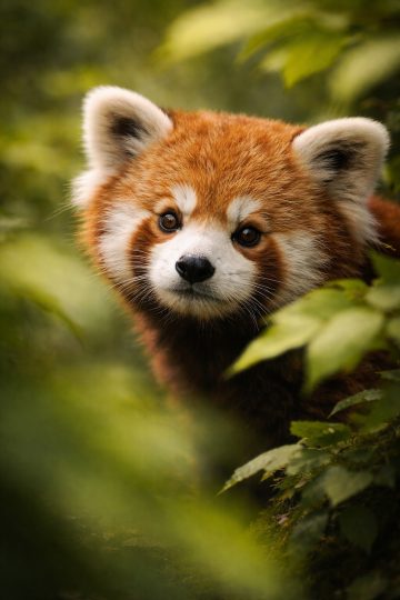 Cute Red Panda Peeking Through Green Leaves Wallpaper