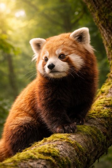 Cute Red Panda Sitting on a Mossy Tree Branch Wallpaper