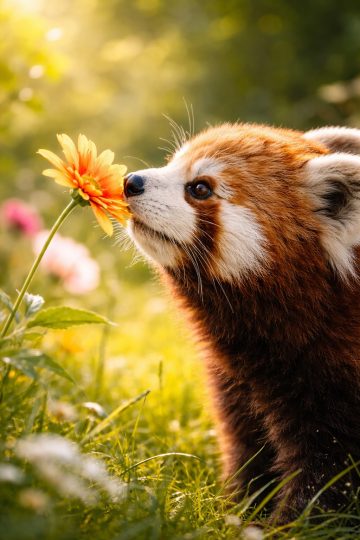 Cute Red Panda Smelling a Flower Wallpaper