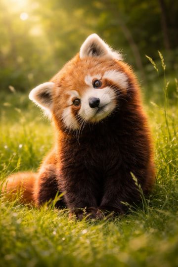 Cute Red Panda Tilting Head in a Sunny Meadow Wallpaper