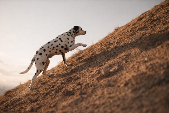 Dalmatian Climbing a Warm Earth Slope in Diagonal Light Wallpaper