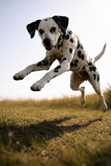 Dalmatian Jumping Toward Camera in Open Field Wallpaper