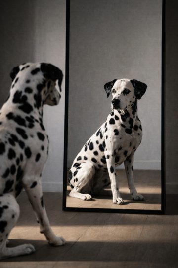 Dalmatian Sitting Beside Mirror With Offset Reflection Wallpaper