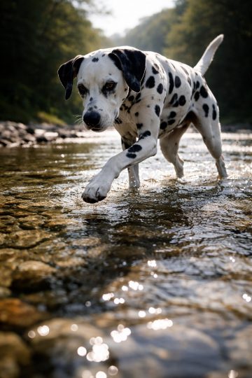 Dalmatian Walking Through Shallow River in Natural Light Wallpaper