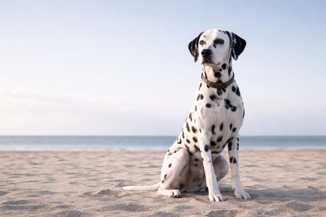 Dalmatian Sitting Calmly Against Beach Horizon Wallpaper