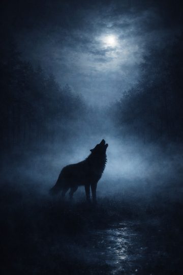Wolf Howling in Foggy Moonlit Night Wallpaper
