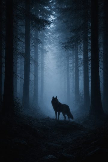 Wolf Silhouette in a Dark Misty Forest Wallpaper