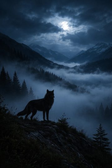 Wolf Overlooking a Moonlit Mountain Valley Wallpaper