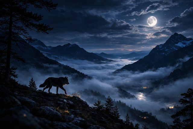 Wolf Walking Along Moonlit Valley Ridge Wallpaper