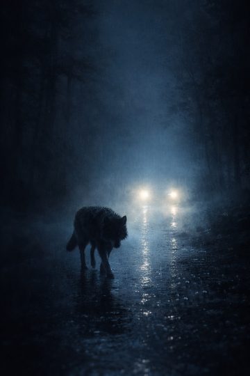 Wolf Walking on a Rainy Night Road Wallpaper