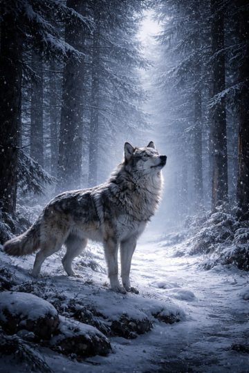 Wolf in Snowy Forest with Soft Light Rays Wallpaper