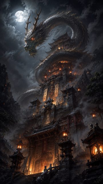 Ancient Pagoda Shadow Dragon Wallpaper