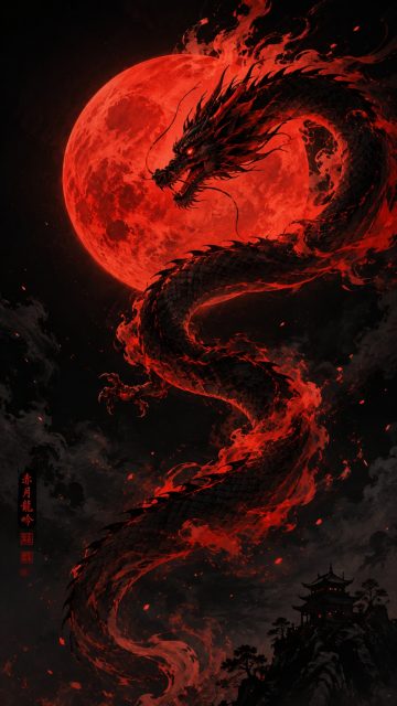 Crimson Moon Coil Dragon Wallpaper