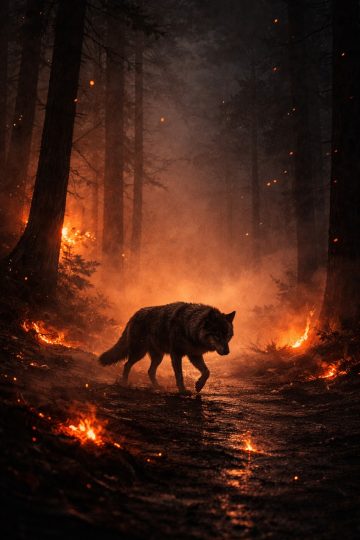 Wolf Walking Through a Burning Forest Path Wallpaper