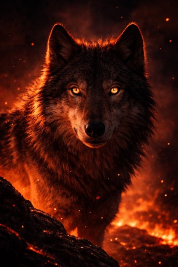 Wolf Portrait Surrounded by Glowing Embers Wallpaper