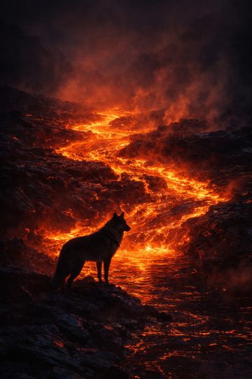 Wolf Silhouette Beside a Flowing Lava River Wallpaper